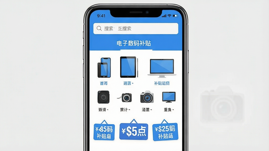一张手机应用界面截图,画面中央是“电子数码补贴”APP的主页,顶部显示搜索栏,中间是手机、平板、电脑等数码产品图标排列整齐,下方有醒目的补贴金额标签,整体布局简洁清晰,以蓝白配色为主,风格现代扁平,画质干净无多余元素