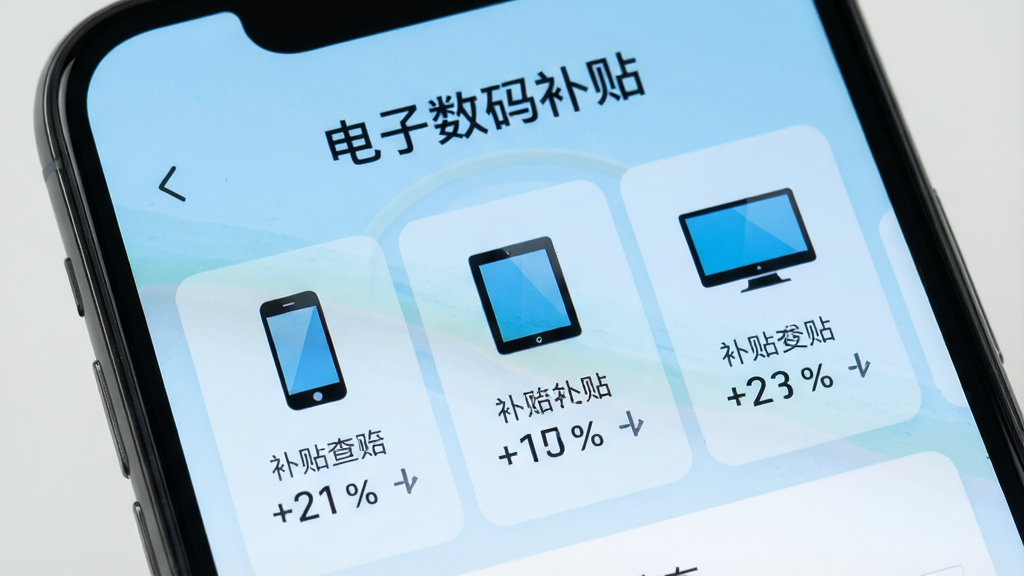 一张手机屏幕特写,屏幕中显示“电子数码补贴”APP的补贴查询页面,页面上有手机、平板、电脑等图标分类,每个分类下方有对应的补贴百分比数字,背景是浅蓝色渐变,界面设计简洁现代,文字清晰可读,画质干净
