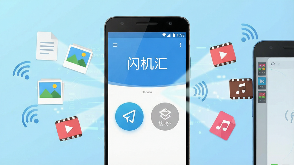 一张展示手机之间无线传输文件的场景图,画面中央是一部安卓手机屏幕显示着闪机汇的界面,界面上有一个醒目的发送按钮和一个接收按钮,周围环绕着文档、照片、视频、音乐等文件图标正以光速飞向另一部手机,背景是浅蓝色的科技感渐变,整体风格简洁现代扁平化,文字“闪机汇”清晰可见,画质干净清晰,无多余元素