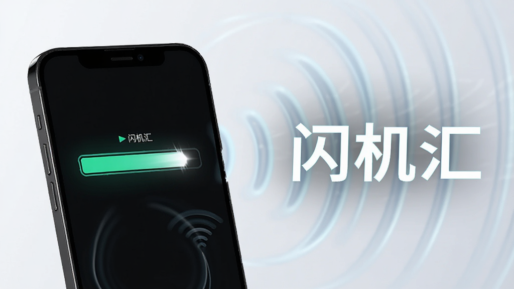 一部手机屏幕显示闪机汇传输进度条飞速前进,旁边有“闪机汇”文字标识,背景是抽象的无线信号波纹,风格简洁科技感,画质干净