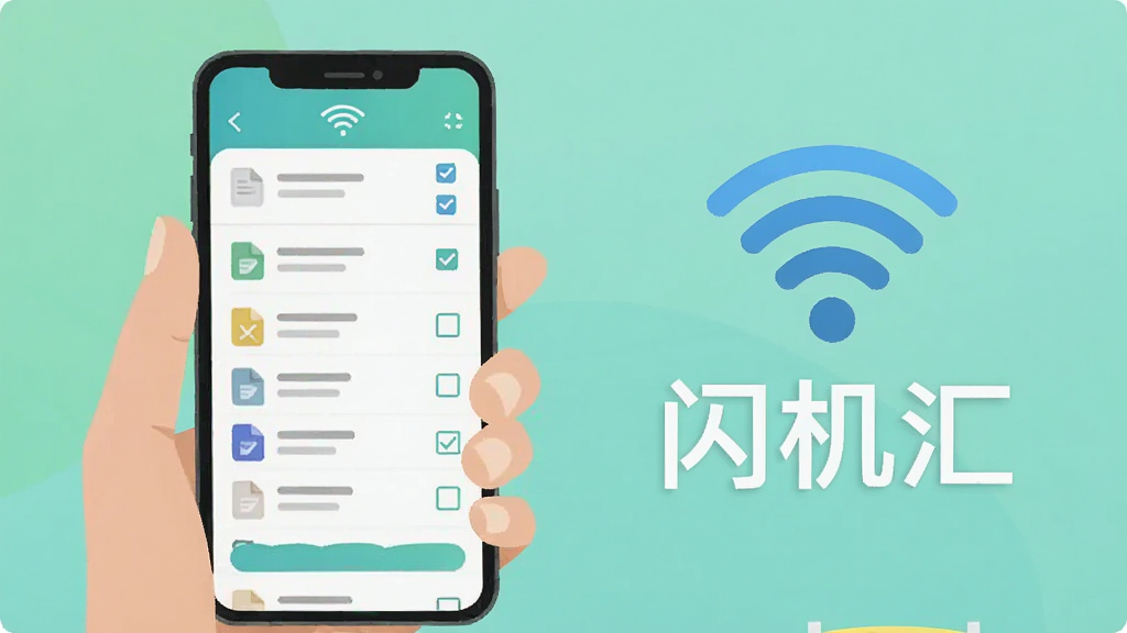 闪机汇应用界面截图风格展示,画面中一只手拿着手机,屏幕上显示着文件列表和勾选框,旁边有代表WiFi的图标和“闪机汇”字样,风格扁平插画,色调清新,画质干净