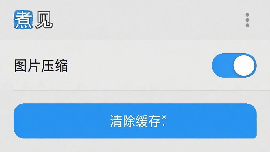 一张“煮见”App在安卓手机上的设置界面截图,重点展示“图片压缩”开关和“清除缓存”按钮,界面背景为浅灰色,按钮为蓝色高亮,风格清晰直观,画质干净,无多余元素
