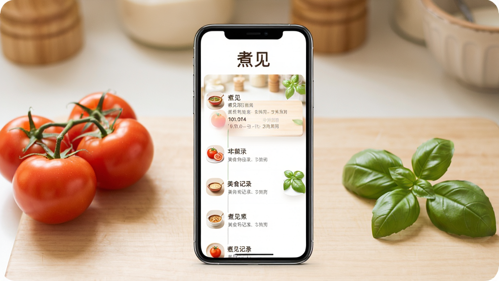 一张展示“煮见”App核心界面的手机样机图,手机屏幕中显示着简洁的美食记录时间线,上方有“煮见”Logo,背景是温馨的厨房台面,旁边摆放着新鲜的番茄和罗勒叶,风格清新自然,画质干净明亮,无多余元素