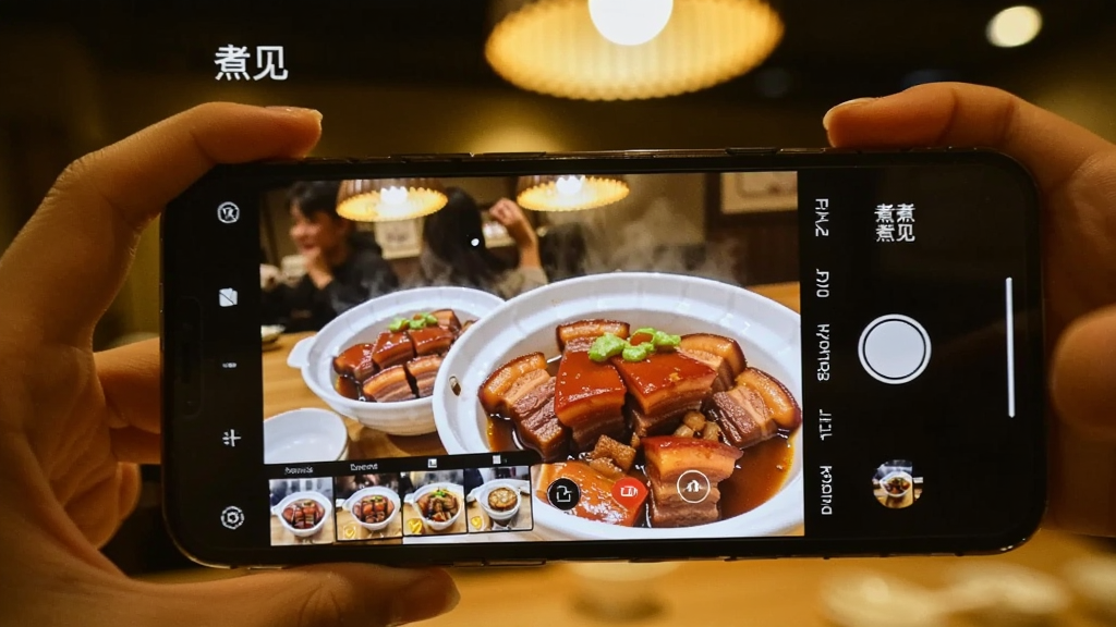 一张“煮见”App的拍照记录界面特写,画面中一只手正拿着手机拍摄一碗刚出锅的红烧肉,手机屏幕里显示着“煮见”的相机取景框和滤镜选择条,背景是暖色调的餐厅灯光,风格生活化,画质清晰,无杂乱元素