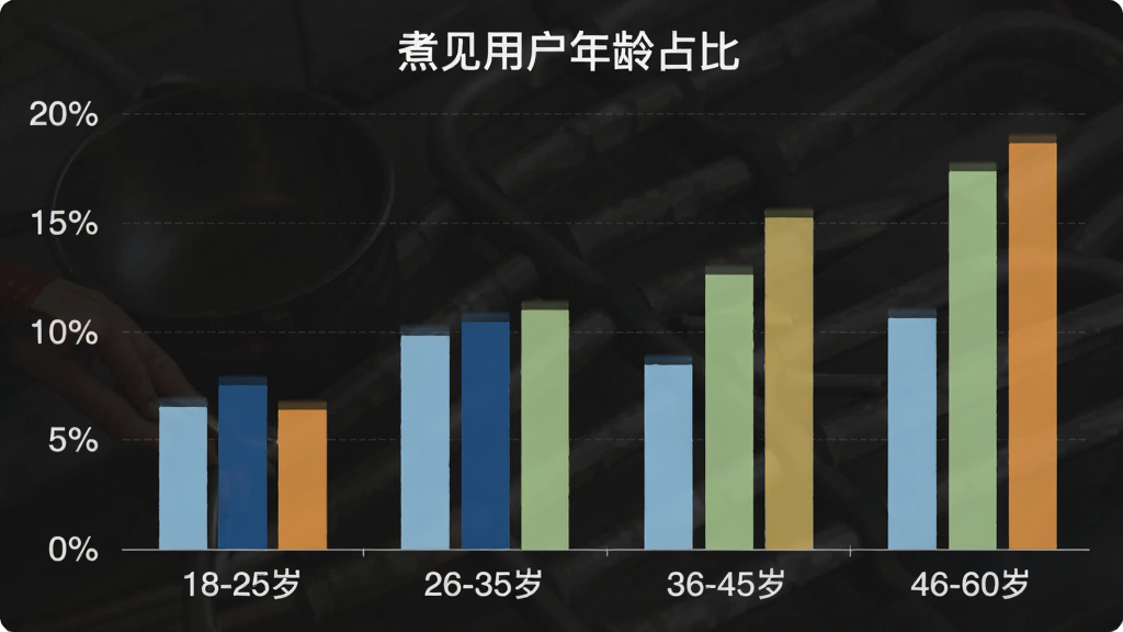 一张柱状图,展示“煮见”App用户年龄分布,横轴为年龄段“18-25岁”“26-35岁”“36-45岁”“46-60岁”,纵轴为百分比,柱子颜色分别为浅蓝、深蓝、浅绿、橙色,图表标题为“煮见用户年龄占比”,风格简洁数据化,画质干净,无多余元素