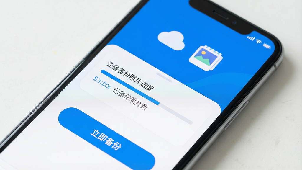 一张手机屏幕的特写图片,屏幕上显示着相册备份管家的应用主界面,界面设计简洁,以蓝白配色为主,顶部有云朵和相册的图标,中间显示着照片备份的进度条和已备份照片数量,底部有“立即备份”的按钮,整体风格现代扁平,画质清晰干净,无多余元素。