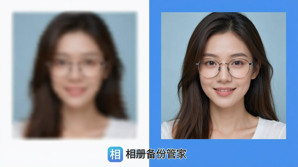一张对比示意图,左侧是经过压缩变得模糊的照片,右侧是相册备份管家备份后的高清原图,画面清晰锐利,色彩鲜艳,图片下方带有“相册备份管家”的标识,整体排版简洁,风格直观易懂,画质干净无多余元素。