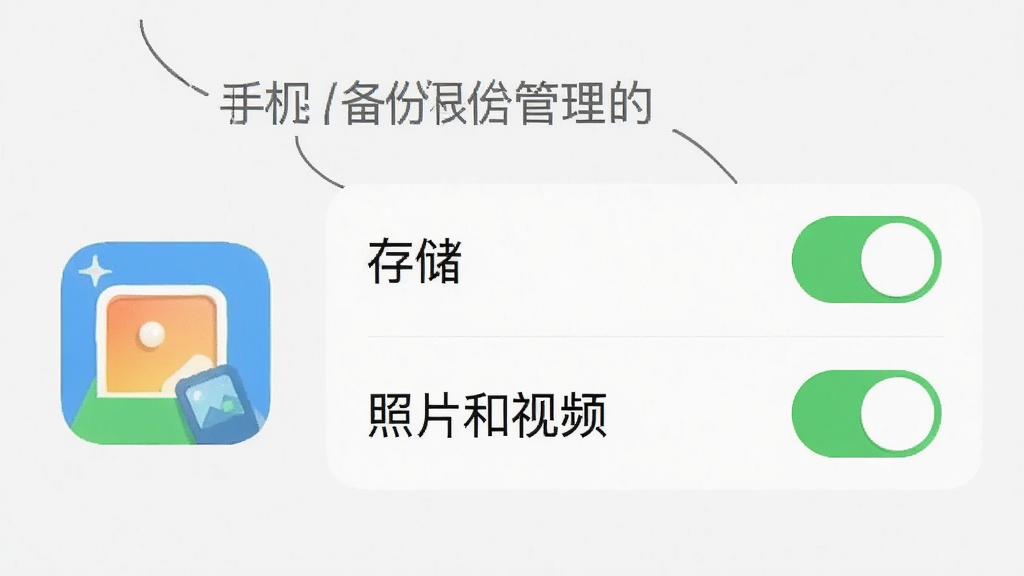 一张展示手机应用权限管理界面的图片,画面中高亮显示了“存储”和“照片和视频”权限的允许开关,旁边有相册备份管家的应用图标,整体风格清晰明了,文字标注明确,画质干净无多余元素。