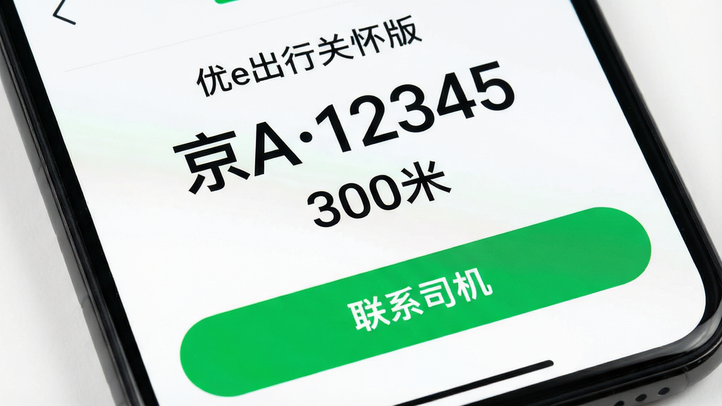 一张手机屏幕特写图,画面中“优e出行关怀版”的叫车成功页面,超大字号显示车牌号“京A12345”和司机距离“300米”,底部有醒目的绿色“联系司机”按钮,背景是干净的白底黑字布局,风格极简清晰,画质干净,无多余装饰元素