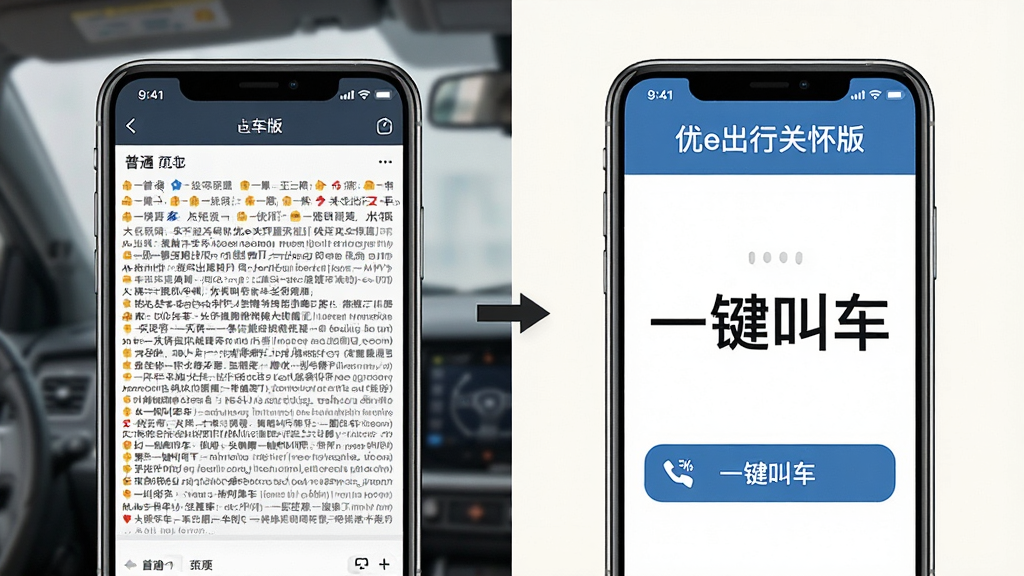 一张对比示意图,左侧是普通打车软件密密麻麻的小字界面,右侧是“优e出行关怀版”的大字大按钮界面,两侧形成鲜明对比,右侧界面中“一键叫车”四个字格外醒目,整体风格直观易懂,画质清晰干净,无多余元素