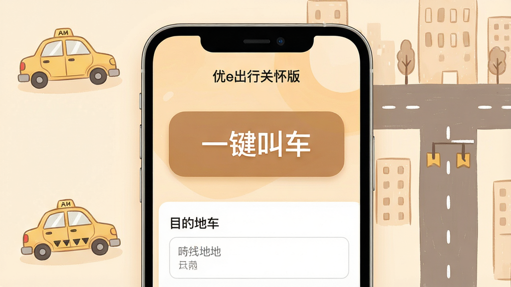 一张手机应用界面展示图,画面中央是“优e出行关怀版”的手机屏幕截图,屏幕内显示巨大的“一键叫车”按钮和清晰的目的地输入框,背景为柔和的暖色调,周围散落着出租车和城市道路的简笔插画元素,整体风格温馨简洁,画质干净清晰,无多余杂乱元素