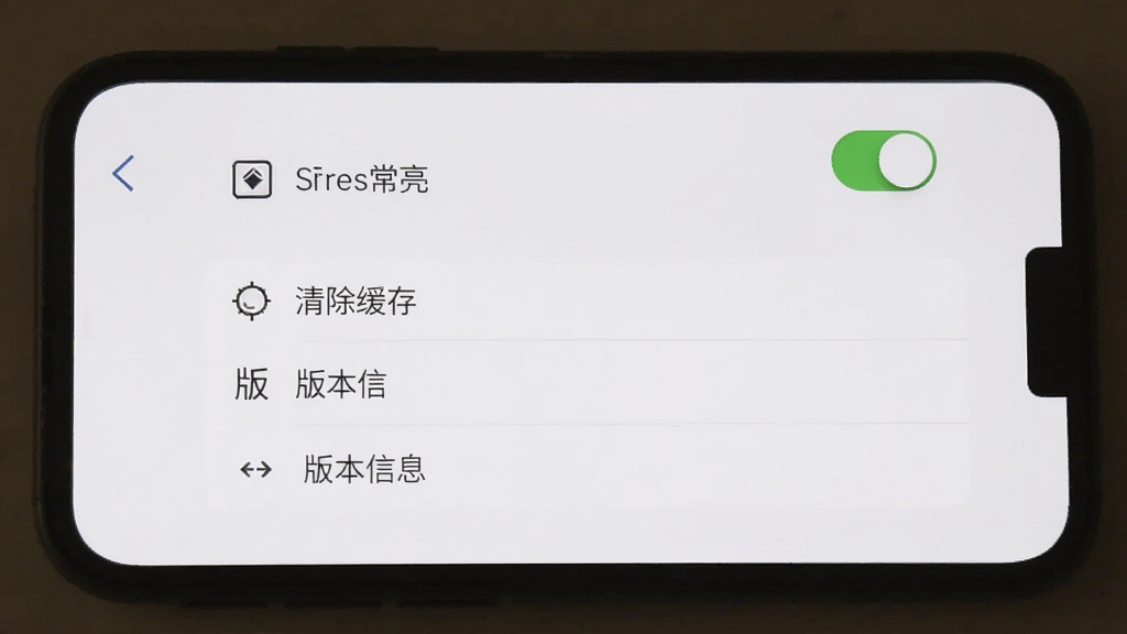 手机屏幕显示美食食谱应用的设置界面,界面中有屏幕常亮开关、清除缓存选项、版本信息等条目,布局简洁,图标清晰,背景是纯白色,风格干净扁平化,画质清晰,无多余元素