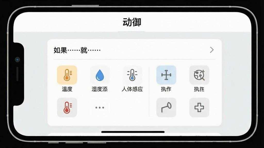 一张展示动御软件场景编辑界面的手机截图,画面中动御App的自动化规则设置页面,上方显示“动御”文字,中间是“如果……就……”的条件添加模块,包含温度、湿度、人体感应等触发条件图标和对应的执行动作图标,界面背景为浅灰色,卡片式布局,风格直观易用,画质干净无多余元素