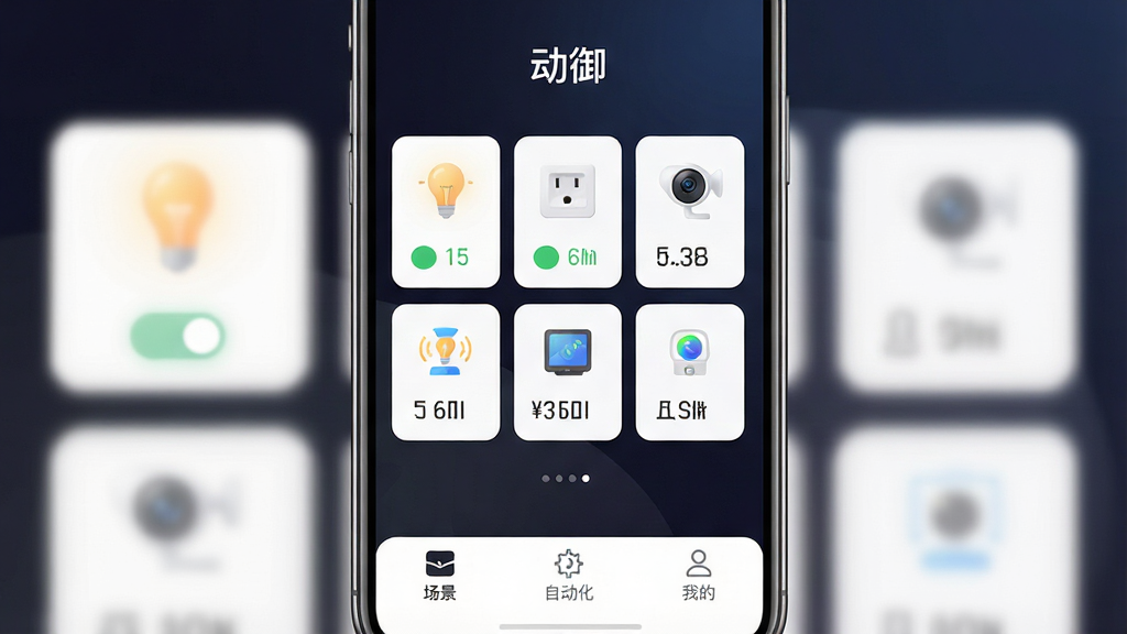 一张展示动御软件主界面的手机截图,画面中央是动御App的仪表盘页面,背景为深色渐变,界面上方显示“动御”文字,中间排列着多个智能设备卡片图标,包括灯泡、插座、摄像头、传感器等,每个卡片带有开关状态和数值显示,底部有场景、自动化、我的三个导航按钮,整体布局清晰,风格现代科技感,细节圆润,画质干净无多余元素
