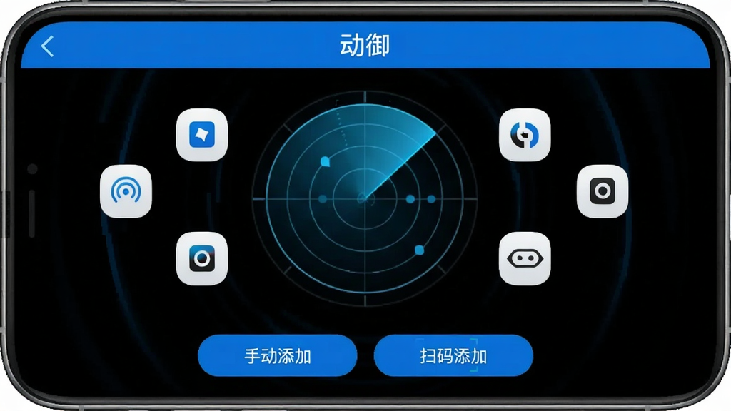 一张展示动御软件设备添加页面的手机截图,画面中动御App正在搜索附近可连接的智能设备,界面上方显示“动御”标题,中间是雷达扫描动画效果,周围分布着不同品牌的设备图标,底部有“手动添加”和“扫码添加”按钮,风格简洁科技感,蓝黑配色,画质清晰干净