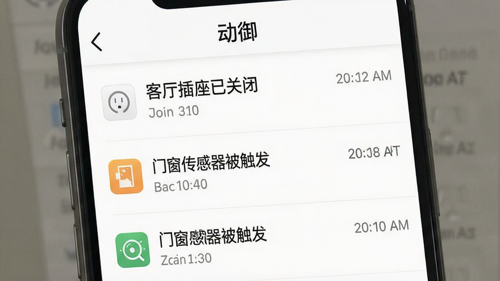一张展示动御软件消息通知中心的手机截图,画面中动御App的消息列表页面,上方显示“动御”标题,列表中包含多条设备状态提醒,如“客厅插座已关闭”、“门窗传感器被触发”等,每条通知带有时间戳和设备图标,界面风格清爽,白色背景,画质干净整洁