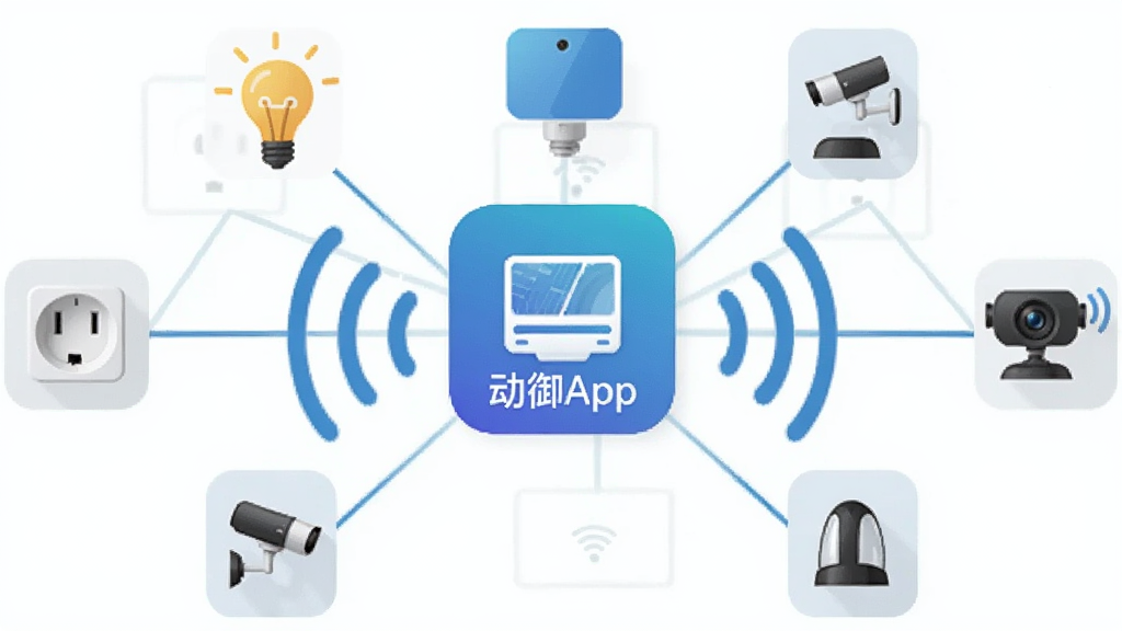 一张展示动御软件局域网控制示意图的插画,画面中动御App图标位于中心,通过无线信号连接周围的智能设备图标,包括灯泡、插座、摄像头等,背景为家庭网络拓扑图,风格扁平化科技感,色彩以蓝色和白色为主,画质干净无多余元素