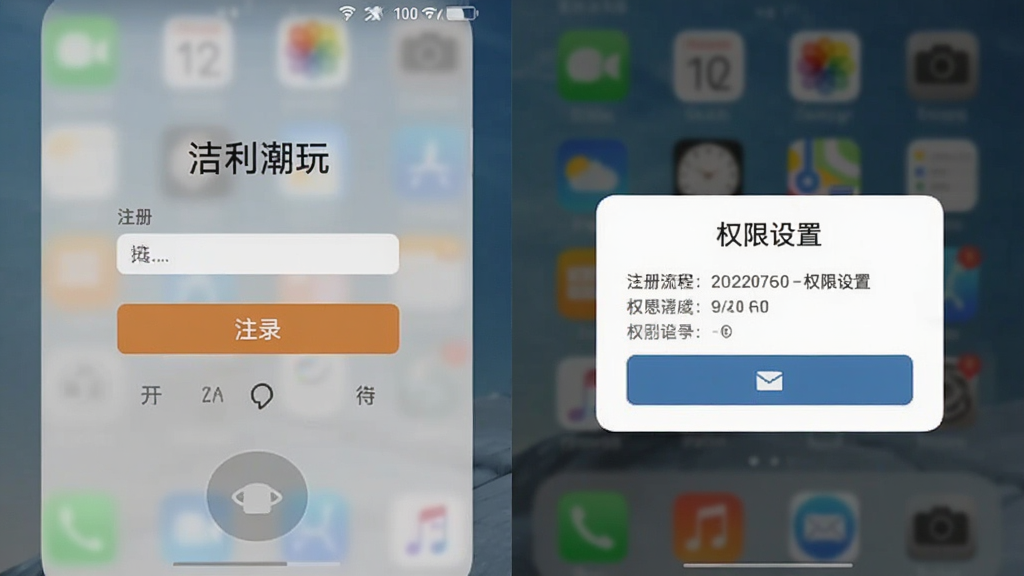 吉利潮玩 手机操作界面截图 展示注册登录流程和权限设置弹窗 背景是手机桌面 风格简洁教程风 细节清晰 画质干净 无多余元素