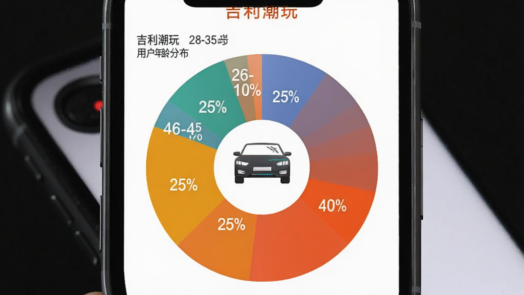 吉利潮玩 用户年龄分布饼状图 图表显示18-25岁25% 26-35岁40% 36-45岁25% 46-60岁10% 背景是手机屏幕和汽车图标 风格数据可视化 细节清晰 画质干净 无多余元素