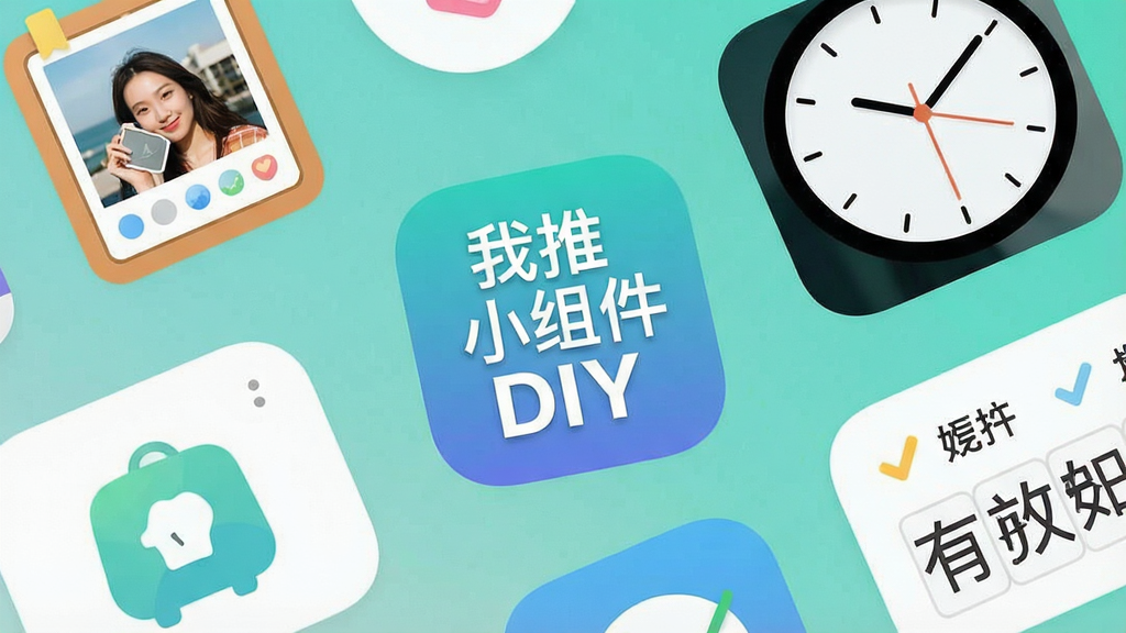 一张手机桌面特写,画面中央是“我推小组件DIY”的软件图标,图标设计简洁,周围环绕着几个已经做好的个性化小组件,比如显示照片的相框组件、简约时钟组件和文字打卡组件,整体色调清新明亮,布局干净整洁,风格现代扁平化,画质高清,无多余元素