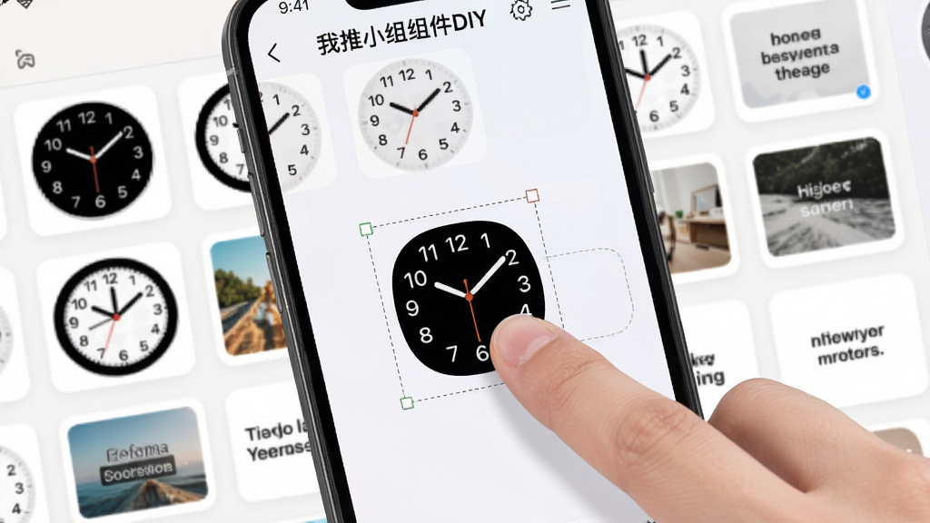 手机屏幕展示“我推小组件DIY”的编辑界面,画面中一只手正在拖拽一个时钟小组件到桌面空位上,组件边缘有虚线框提示可调整大小,背景是软件内置的组件素材库,排列着各种样式的时钟、图片、文字组件,界面以浅色为主,风格清爽,画质清晰,无多余元素