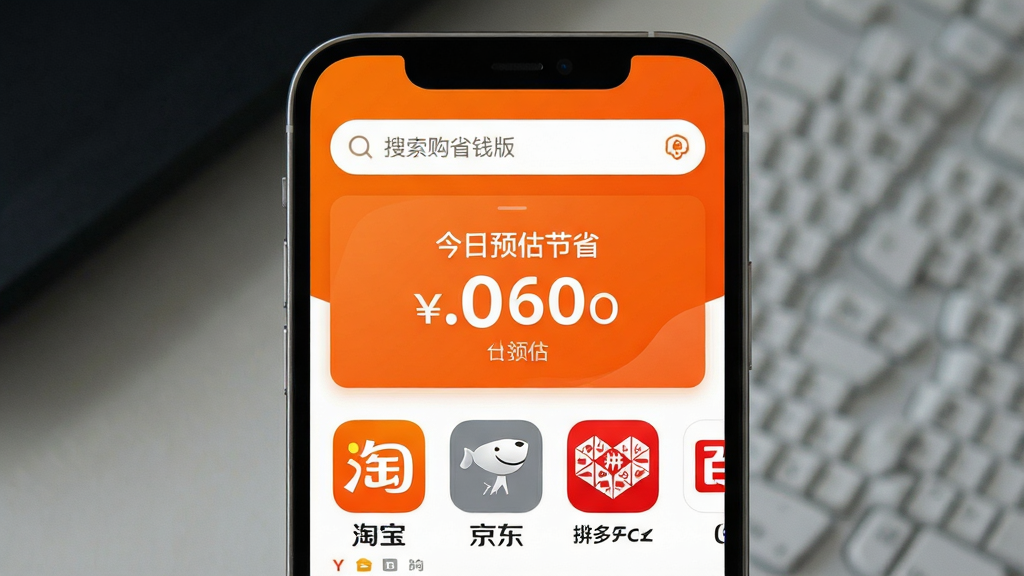 一张手机屏幕的高清展示图,屏幕中央显示“多省购物省钱版”应用主界面,界面以橙色和白色为主色调,顶部是搜索框,中间是醒目的今日预估节省金额数字,下方排列着淘宝、京东、拼多多等主流电商平台的图标,界面风格扁平化设计,图标圆润,画质干净清晰,无多余元素