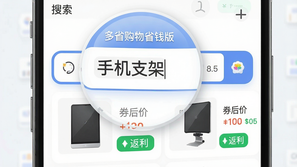一张手机界面展示图,画面中“多省购物省钱版”的搜索框被放大突出,搜索框内显示“手机支架”关键词,下方搜索结果列表里每个商品都带有“券后价”和“返利”的绿色标签,界面布局清晰,文字标签明确,风格现代扁平,细节圆润,画质干净无多余元素