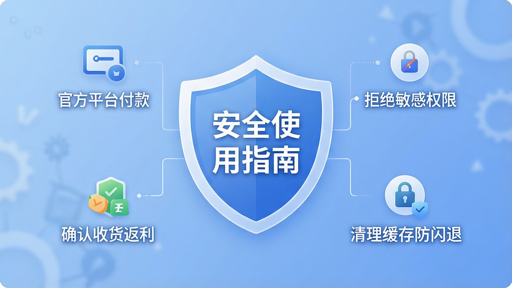一张信息图表风格的图片,画面中央是一个盾牌图标,盾牌上写着“安全使用指南”,盾牌周围环绕着几个小图标和文字提示,如“官方平台付款”、“拒绝敏感权限”、“确认收货返利”、“清理缓存防闪退”,背景是柔和的蓝色渐变,风格简洁专业,画质干净无多余元素