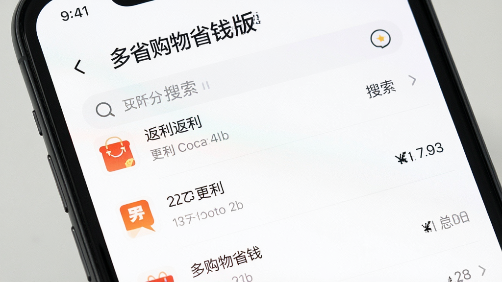 一张手机屏幕特写图,画面展示“多省购物省钱版”的应用界面,界面非常干净,没有弹窗广告,只有简洁的返利列表和搜索框,背景是纯白色,文字和图标排列整齐,整体给人一种清爽无干扰的视觉感受,画质干净无多余元素
