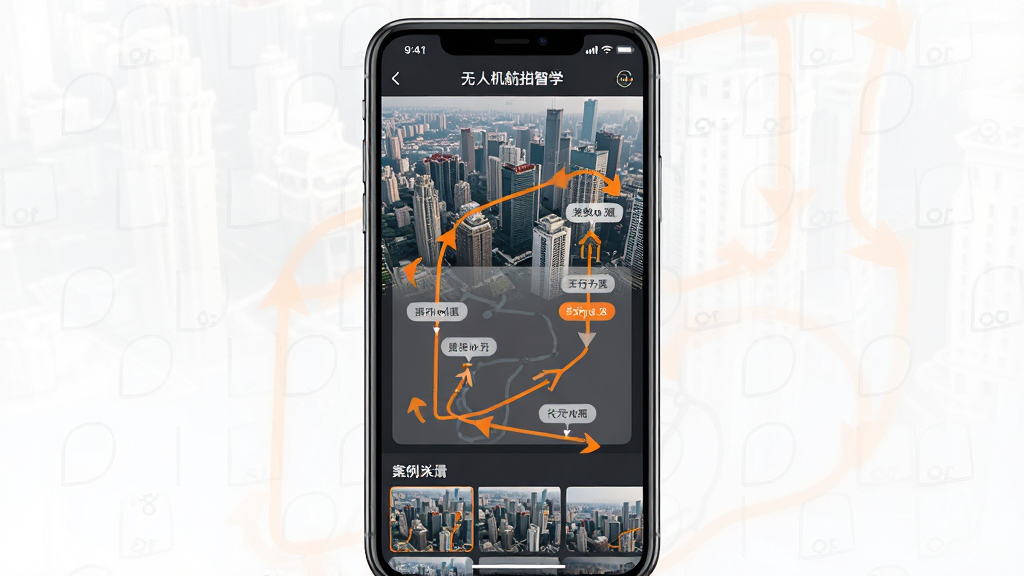 一张展示无人机航拍智学APP内实拍案例拆解界面的数字插图,主体是手机屏幕中显示“无人机航拍智学”的案例详情页,包含一张俯瞰城市的航拍照片和旁边的飞行轨迹示意图。布局为手机竖屏居中,航拍照片占据上半部分,轨迹图以半透明叠加在照片上。排版采用图文混排形式。风格为摄影教学类应用界面,配色以深灰和亮橙为主。细节包括轨迹线上的方向箭头、参数标注小标签、底部案例列表缩略图。画质清晰,无多余元素,2K分辨率。