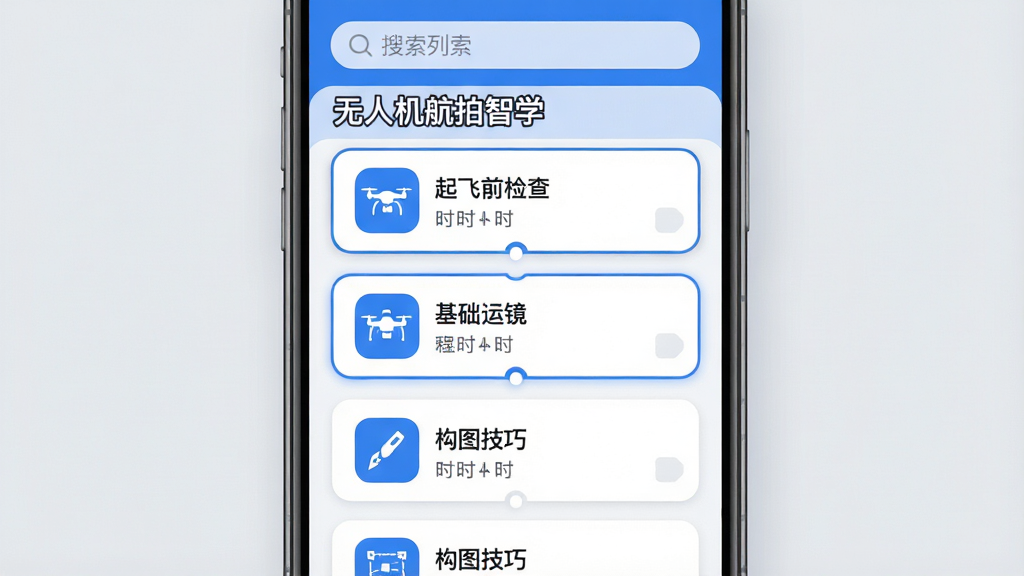 一张展示无人机航拍智学APP内课程列表界面的数字插图,主体是手机屏幕中显示“无人机航拍智学”的课程目录,包含“起飞前检查”“基础运镜”“构图技巧”等卡片式课程模块。布局为手机正面居中,背景是柔和的浅灰色。排版采用纵向滚动列表样式,每个课程卡片带有小图标和时长标注。风格为清爽的UI设计展示图,配色以蓝色和白色为主。细节包括卡片圆角、选中状态的高亮边框、顶部搜索栏。画质清晰,无多余元素,2K分辨率。