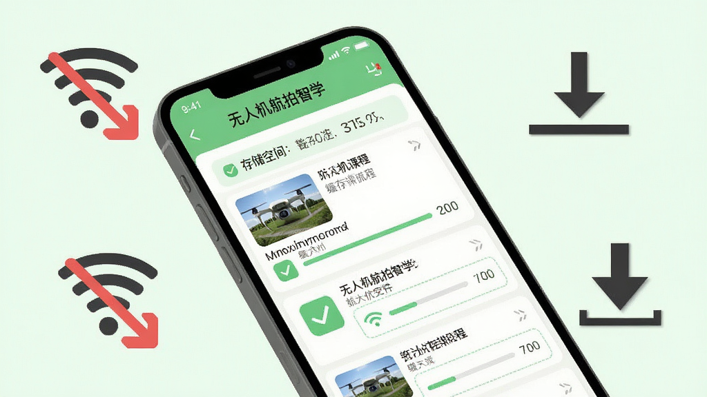 一张展示无人机航拍智学APP离线缓存功能的数字插图,主体是手机屏幕中显示“无人机航拍智学”的下载管理界面,包含多个已缓存课程和进度条。布局为手机斜放在画面中央,周围环绕着代表离线状态的WiFi关闭图标和下载箭头。排版采用列表与图标结合的形式。风格为扁平化功能说明图,配色以浅绿和白色为主。细节包括下载完成的绿色对勾、缓存文件大小标注、顶部的存储空间提示条。画质干净,无多余元素,2K分辨率。