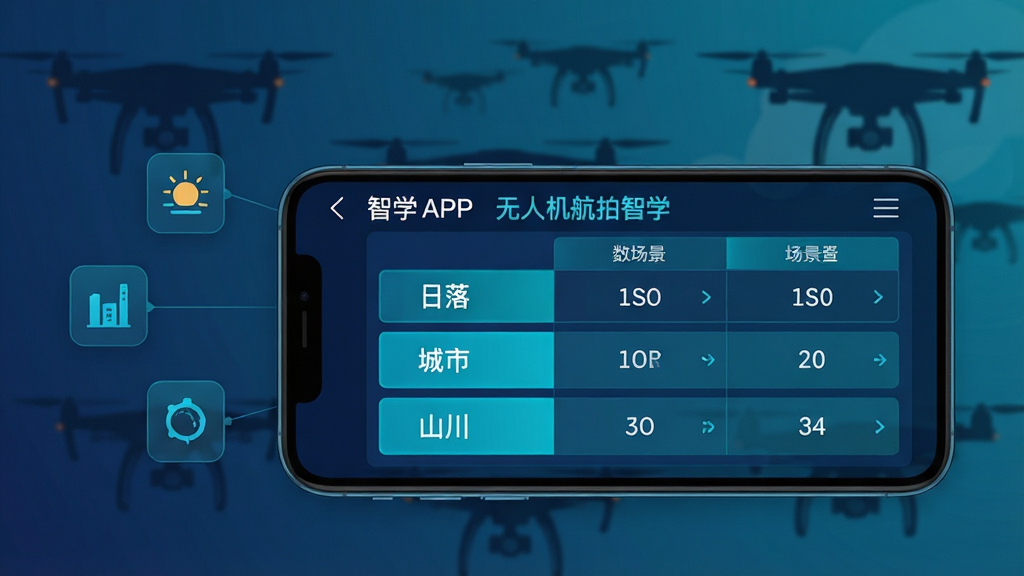 一张展示无人机航拍智学APP内飞行参数速查手册界面的数字插图,主体是手机屏幕中显示“无人机航拍智学”的参数表格,包含“日落”“城市”“山川”等场景标签和对应的快门、ISO数值。布局为手机横屏放置在画面中央偏右,左侧漂浮着几个参数图标。排版采用表格与标签结合的形式。风格为科技感数据可视化界面,配色以深蓝和青色为主。细节包括表格行的高亮状态、数值的等宽字体显示、背景中模糊的无人机剪影。画质干净,无多余元素,2K分辨率。