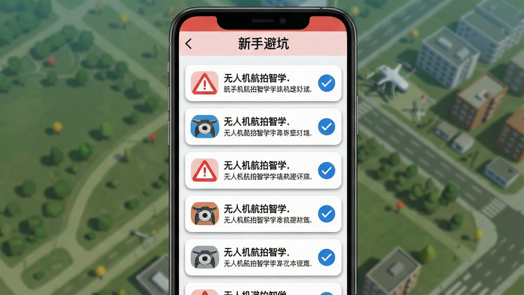 一张展示无人机航拍智学APP新手避坑指南界面的数字插图,主体是手机屏幕中显示“无人机航拍智学”的提示列表,包含红色警告图标和蓝色对勾图标交替排列的贴士条目。布局为手机竖屏居中,屏幕上方有“新手避坑”标题栏。排版采用卡片式列表,每条贴士左侧有彩色图标。风格为扁平化信息提示界面,配色以白底红蓝点缀为主。细节包括警告三角图标、对勾圆形图标、卡片阴影效果。画质清晰,无多余元素,2K分辨率。