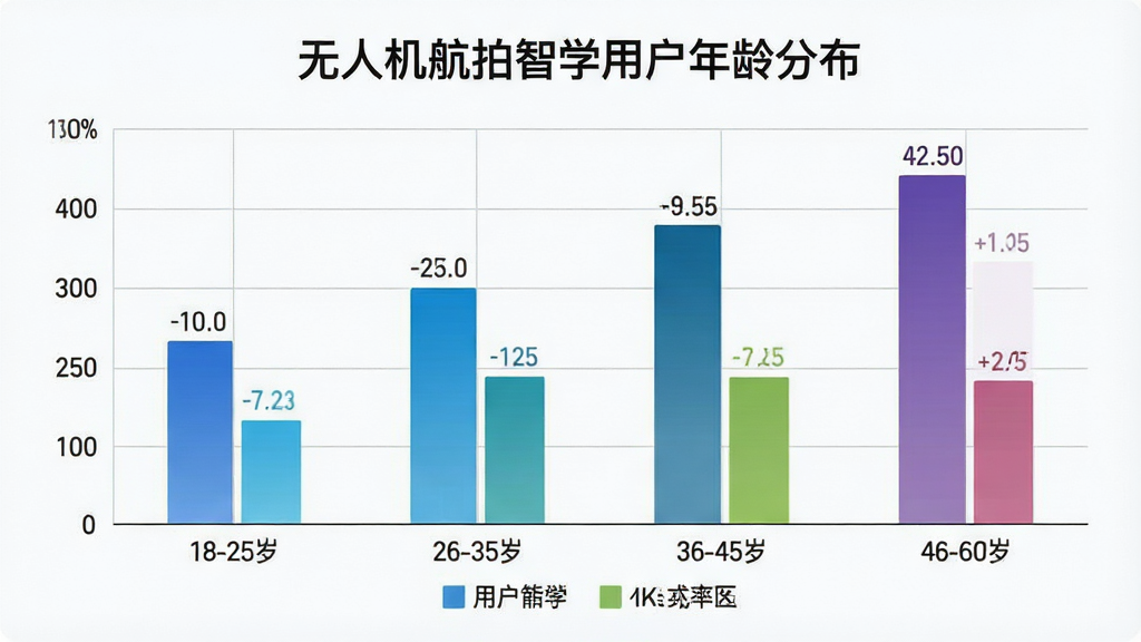 一张展示无人机航拍智学用户年龄分布的柱状图数字插图,主体是柱状图显示不同年龄段用户占比,横轴标注“18-25岁”“26-35岁”“36-45岁”“46-60岁”,纵轴为百分比。布局为图表居中,上方有“无人机航拍智学用户年龄分布”标题。排版采用标准柱状图样式,每根柱子颜色不同。风格为简洁数据可视化,配色以蓝色渐变为主。细节包括柱子顶部的数值标签、背景网格线、图例说明。画质干净,无多余元素,2K分辨率。