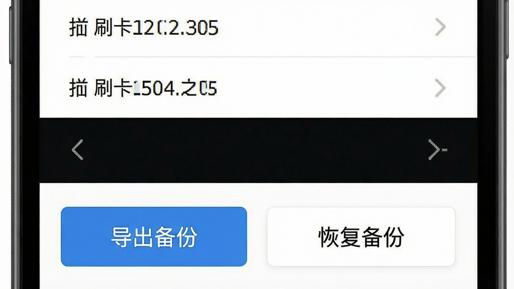 手机门禁卡刷卡记录与备份界面图,画面显示手机屏幕上半部分是刷卡时间列表,下半部分是“导出备份”和“恢复备份”按钮,布局清晰,风格现代扁平,画质干净无多余元素
