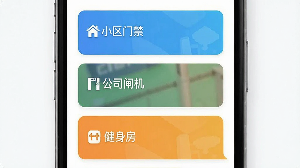 手机门禁卡多卡管理界面图,画面显示手机屏幕上有多个彩色卡片标签列表,名称分别为“小区门禁”“公司闸机”“健身房”,布局整齐,风格简约现代,画质干净无多余元素