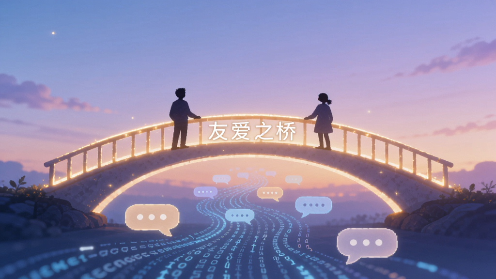 画面中央是一座连接两个人物剪影的发光桥梁,桥下是流动的代码和对话气泡,背景是柔和的蓝紫色渐变天空,整体风格温馨治愈,画质干净清晰,无多余元素,图片中文字标注“友爱之桥”