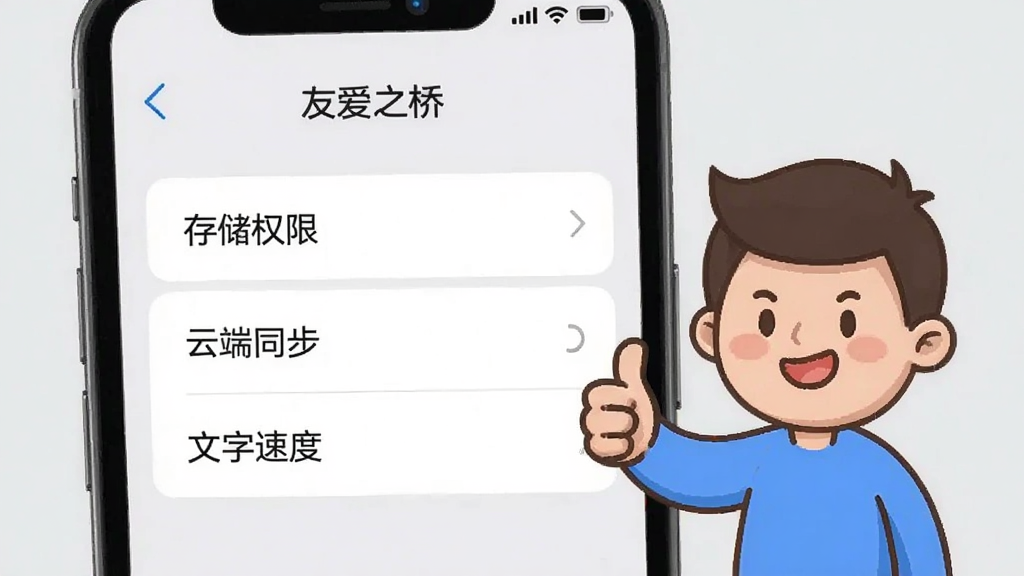 画面是一个手机屏幕显示“友爱之桥”的设置菜单界面,菜单项包括“存储权限”“云端同步”“文字速度”,旁边有一个卡通人物竖起大拇指,背景是浅灰色,风格简洁清晰,画质干净,无多余元素