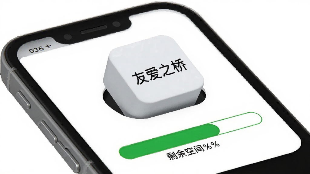 画面是一个手机存储空间示意图,一个标有“友爱之桥”的小方块轻轻放入手机图标中,周围显示剩余空间充足的绿色进度条,背景是白色简洁风格,画质干净清晰,无多余元素