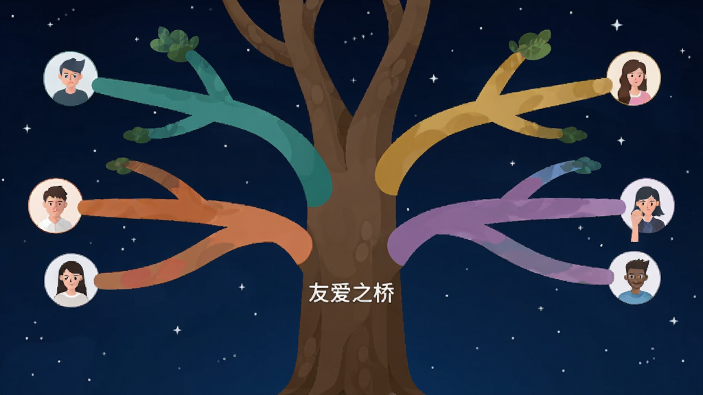 画面展示一棵巨大的剧情分支树,树干上写着“友爱之桥”,树枝延伸出不同颜色的路径,每条路径终点是一个人物头像图标,背景是深蓝色星空,风格简洁现代,画质干净清晰,无多余元素