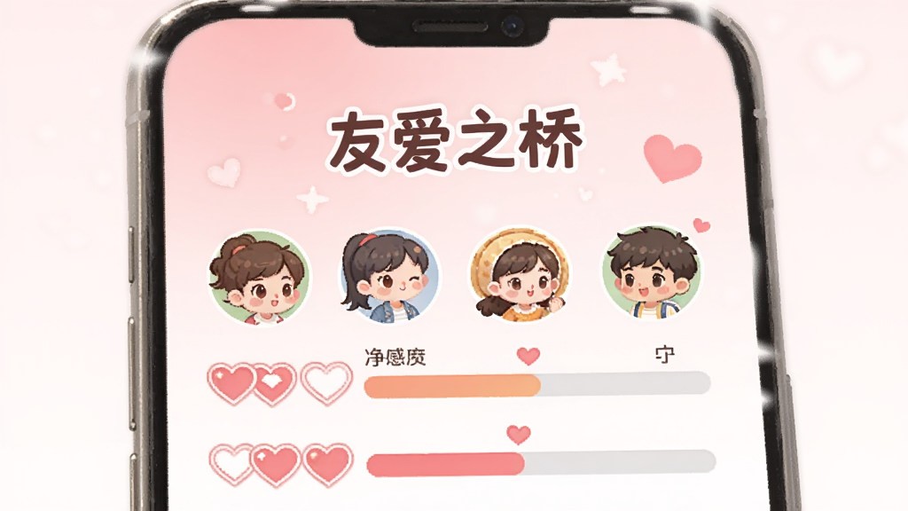 画面是一个手机屏幕界面,屏幕中央显示“友爱之桥”标题,下方有四个角色头像和对应的好感度进度条,心形图标填充程度不同,背景是浅粉色渐变,风格可爱温馨,画质干净清晰,无多余元素
