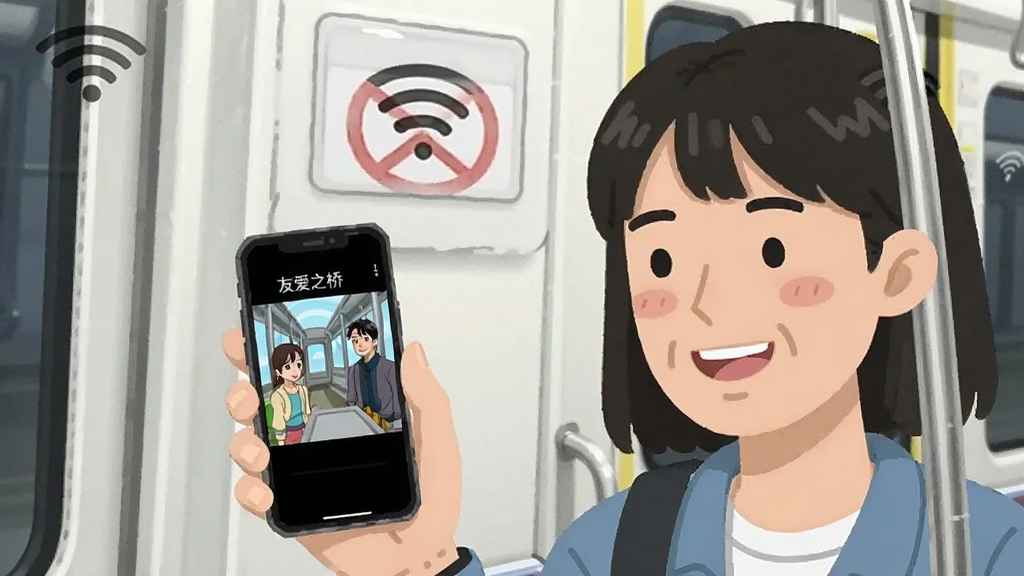 画面是一个人在没有WiFi图标的地铁车厢里拿着手机微笑,手机屏幕显示“友爱之桥”剧情画面,周围有禁止广告的图标,背景简洁,风格生活化,画质干净清晰,无多余元素