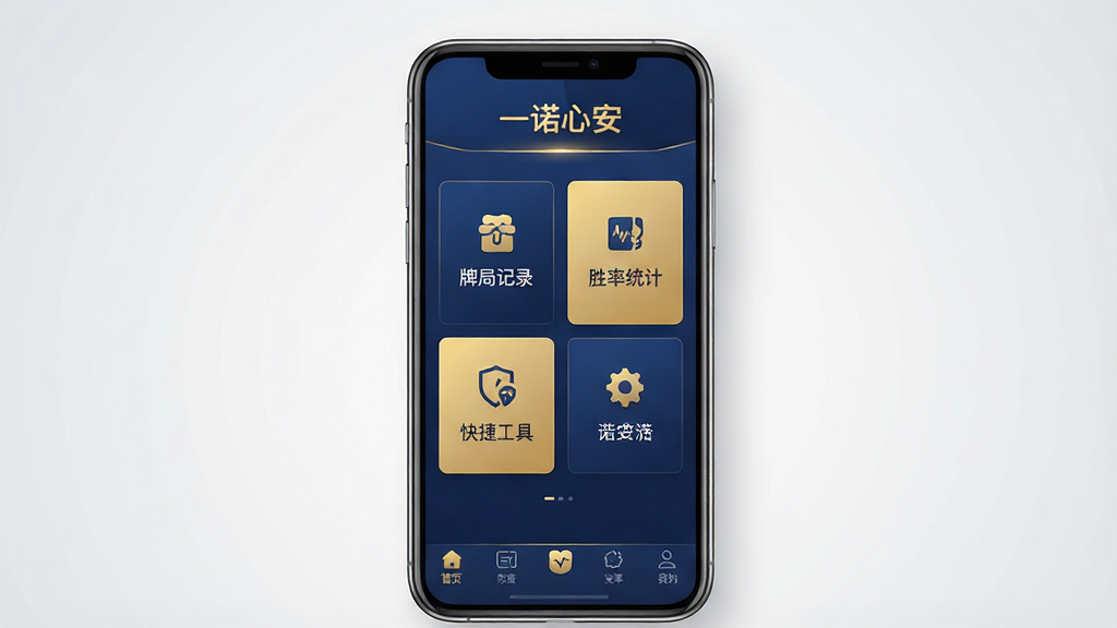 一张展示一诺心安软件主界面的图片,画面中央是手机屏幕,屏幕内显示一诺心安应用的主页,界面以深蓝色和金色为主色调,顶部有“一诺心安”的文字标识,中间是功能卡片式布局,包含牌局记录、胜率统计、快捷工具等图标,底部是导航栏,整体风格简洁现代,背景为干净的浅灰色渐变,画质清晰,无多余装饰元素