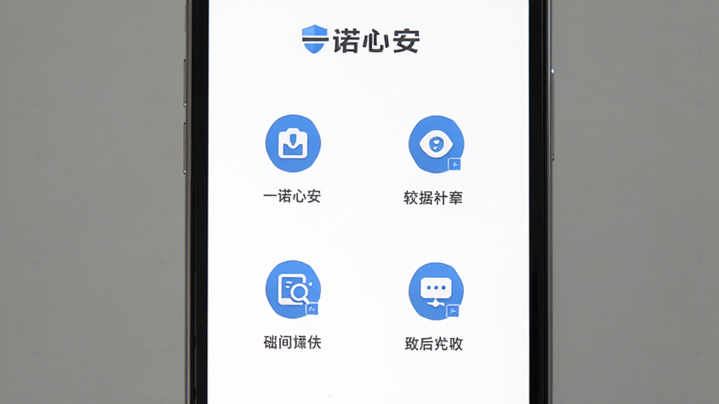 一诺心安软件的无广告界面展示,画面中手机屏幕显示一诺心安应用的主页,界面极其简洁,只有几个核心功能入口,没有任何广告横幅或弹窗,背景是纯白色,图标和文字采用深灰色和蓝色搭配,整体视觉非常干净清爽,图片中带有“一诺心安”的文字标识,画质锐利