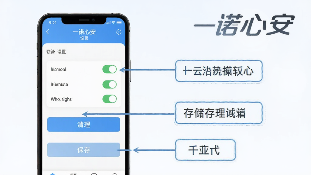 一诺心安软件的操作指南示意图,画面中手机屏幕显示一诺心安应用的设置界面,界面中有权限开关、存储清理按钮和保存按钮的标注,用箭头和文字框进行说明,背景是浅色,风格像一份简洁的说明书,图片中带有“一诺心安”的文字标识,画质清晰干净