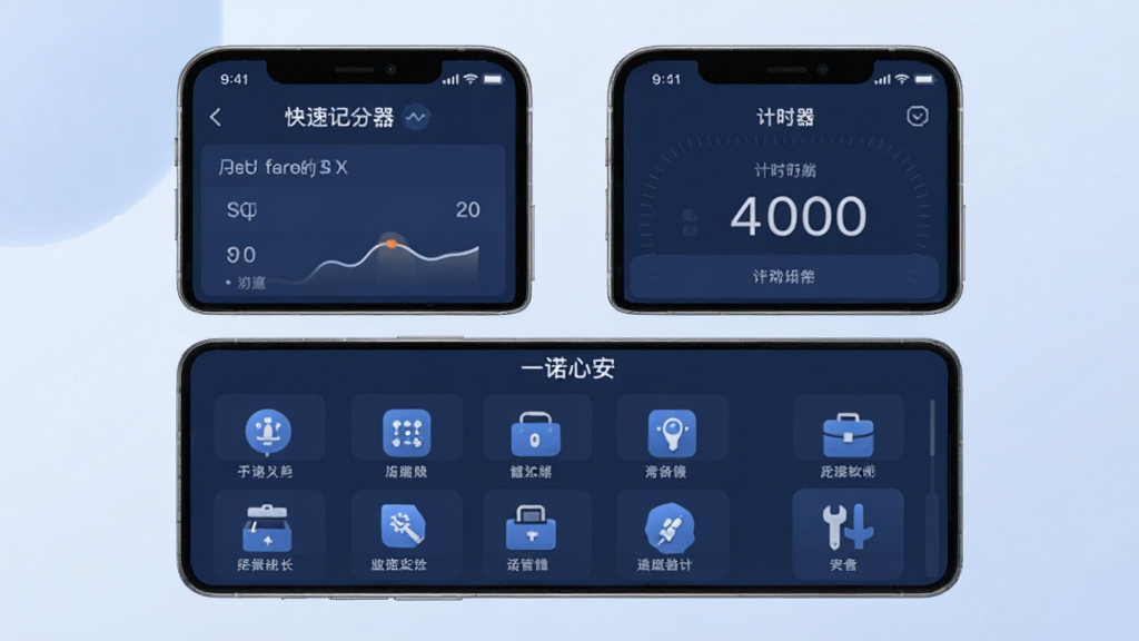 一诺心安软件的功能展示图,画面中手机屏幕被分为几个区域,左上角显示快速记分器界面,右上角显示计时器界面,下方是工具集合面板,每个工具图标旁边都有文字标注,界面风格统一为深蓝色调,图标设计简洁扁平,背景是柔和的渐变,整体看起来像一个整洁的工具箱,图片中带有“一诺心安”的文字标识,画质清晰