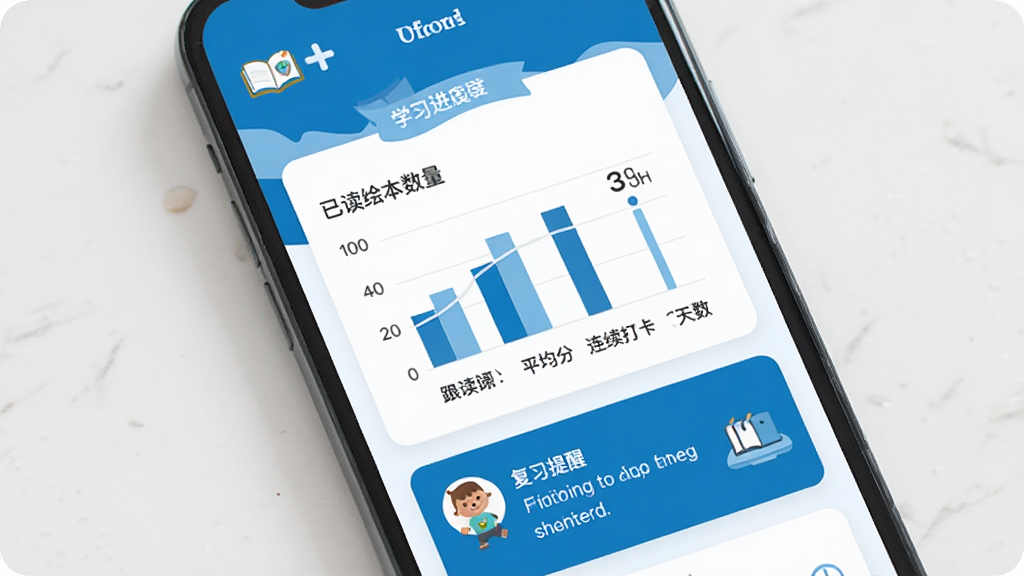牛津树+ 学习进度记录界面,手机屏幕显示阅读报告图表,包含已读绘本数量、跟读平均分、连续打卡天数,下方有复习提醒卡片,界面采用卡片式布局,蓝白配色,数据可视化清晰,风格现代简洁,画质干净