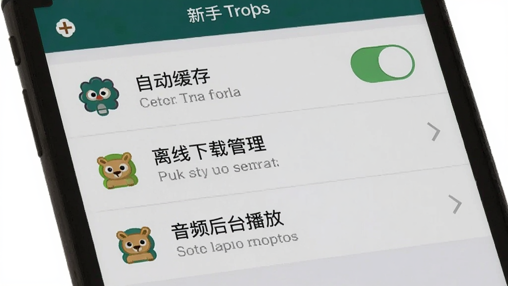 牛津树+ 新手设置界面截图,手机屏幕显示设置菜单,包含自动缓存开关、离线下载管理、音频后台播放选项,界面布局清晰,每个选项配有图标和简短说明文字,风格简洁实用,画质干净