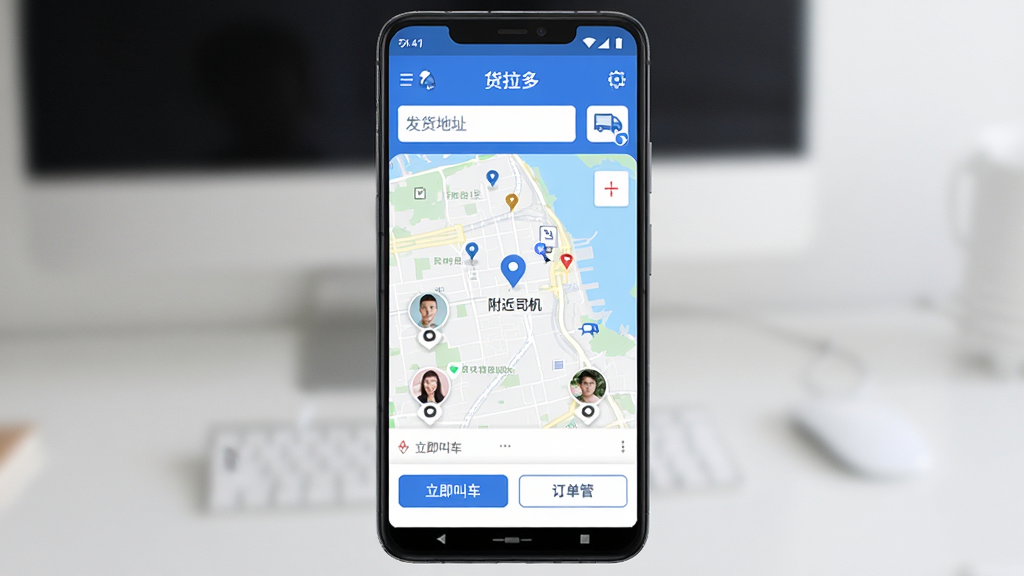 �����������Ӧ��������ȫòչʾ������������һ����׿�ֻ�����Ļ��ʾ�����������APP��ҳ�������з�����ַ�����ͳ���ѡ��ͼ�꣬�м��ǵ�ͼ��λ�͸���˾��ͷ���ǣ��ײ��������г��Ͷ���������ť�����岼������������ִ���ƽ����ɫ��Ϊ��ɫ�Ͱ�ɫ���䣬���ʸɾ��������޶���Ԫ��